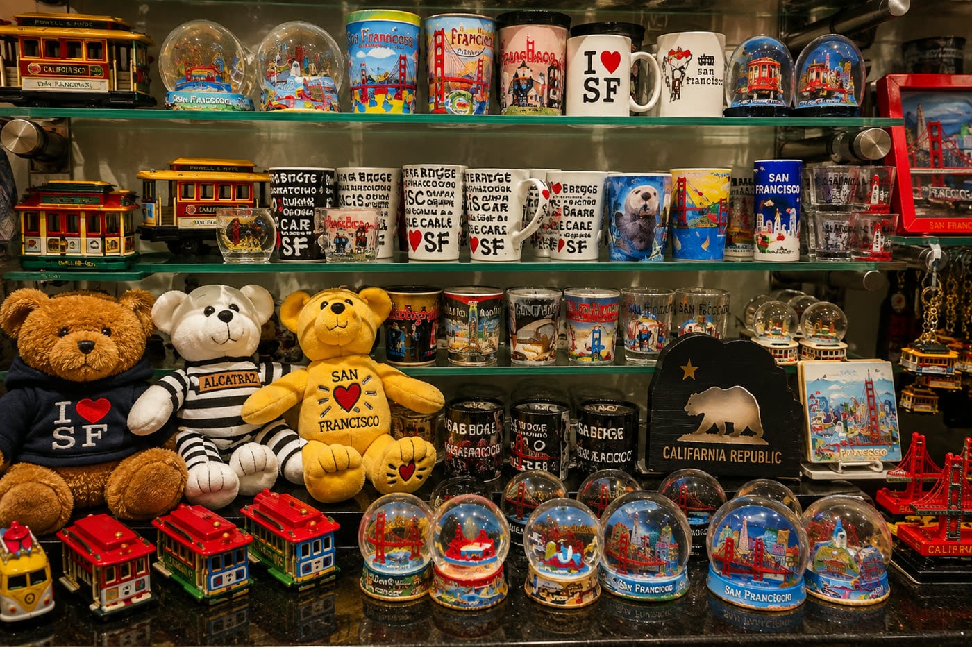 Snow globes, toy cable cars, and plush companions